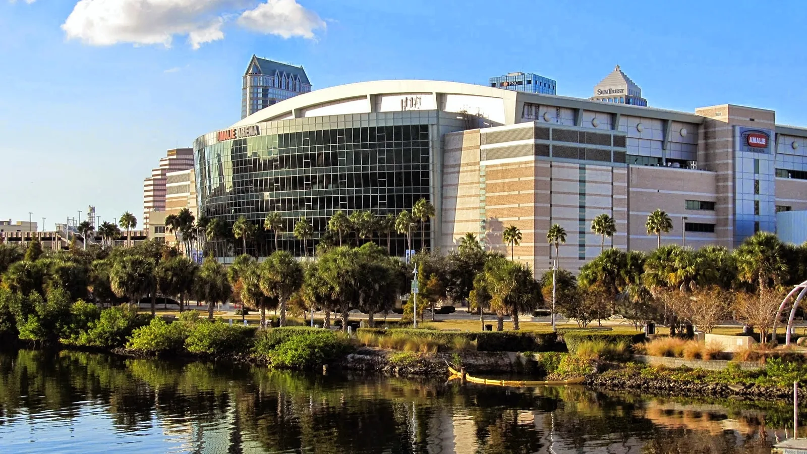 Exterior of Benchmark International Arena beside Tampa Riverwalk
