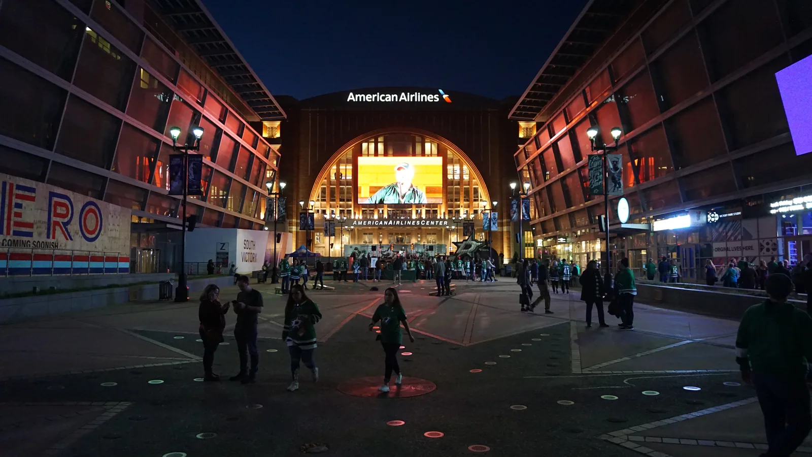 American Airlines Center entrance at night in Dallas