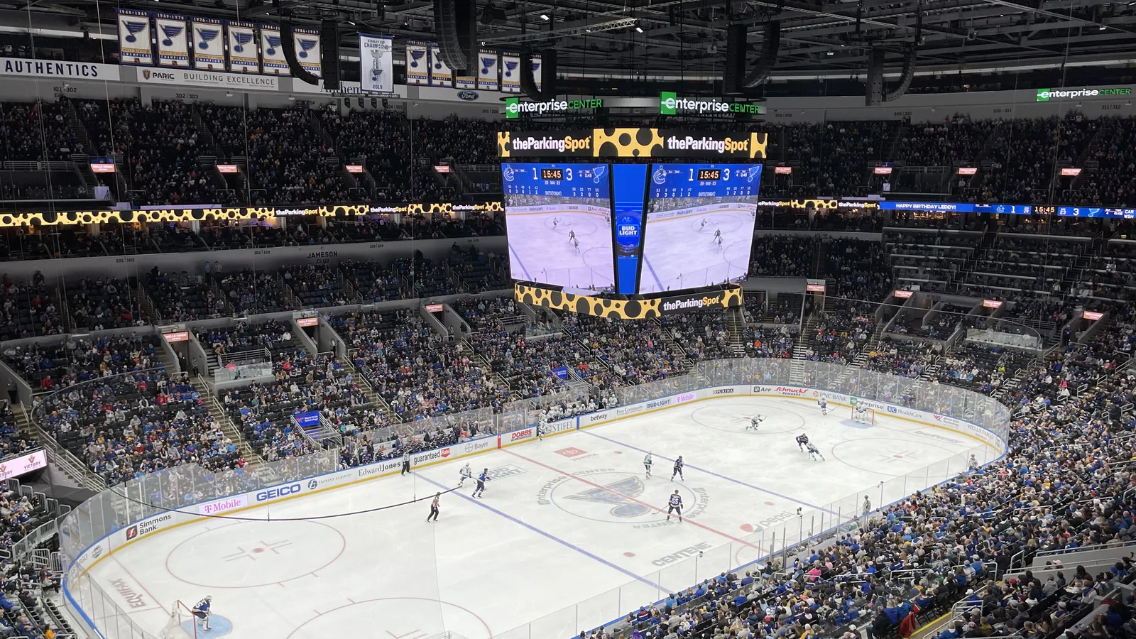 Enterprise Center seating bowl and ice before a hockey game