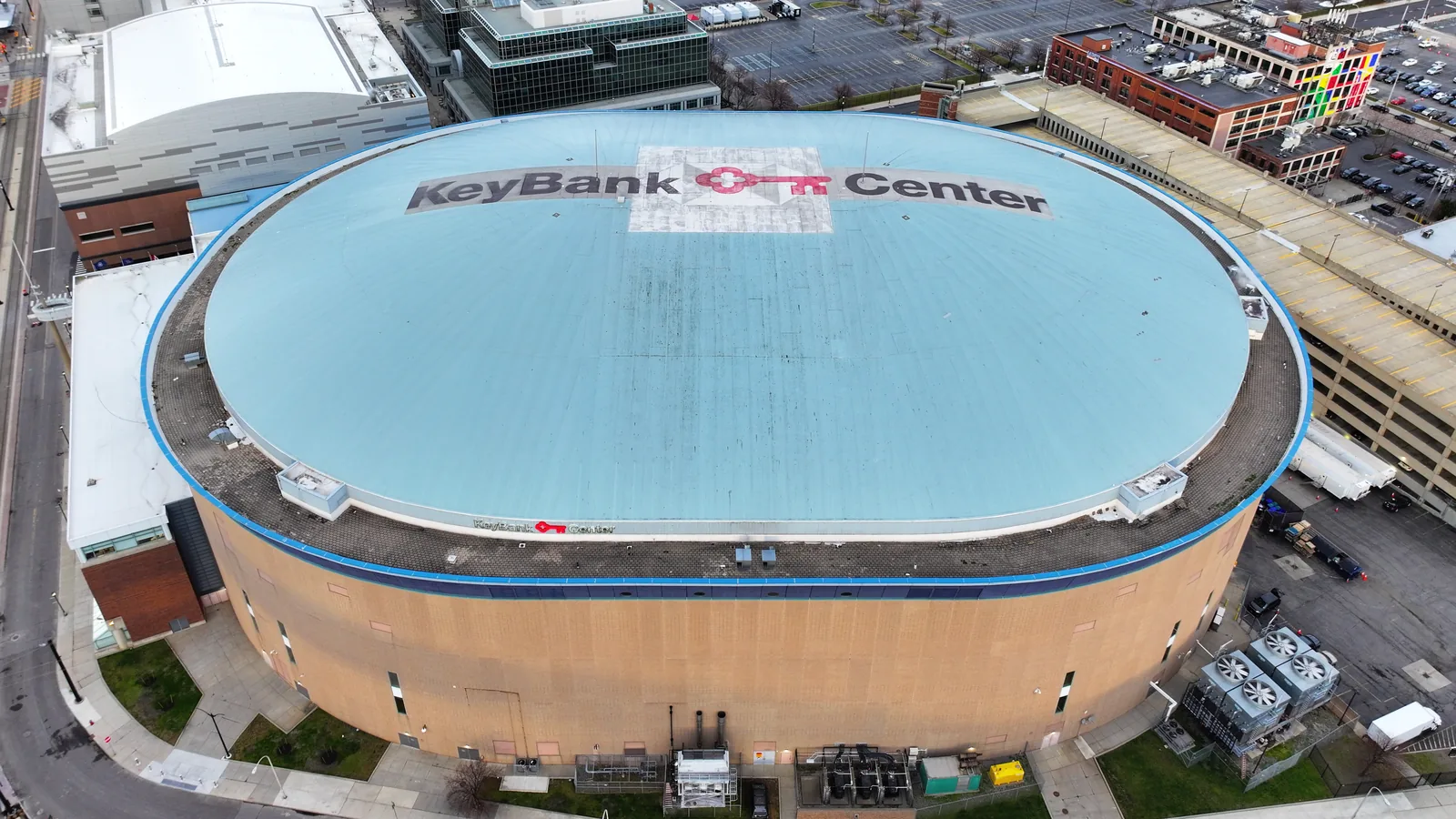Aerial exterior view of KeyBank Center in Buffalo
