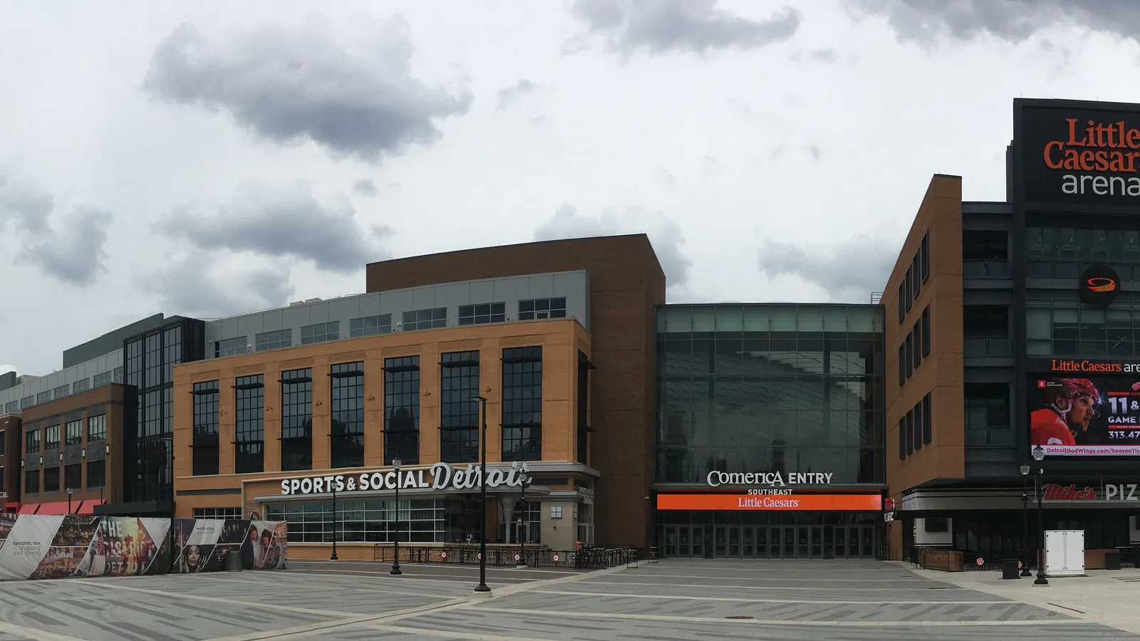 Exterior panorama of Little Caesars Arena in Detroit