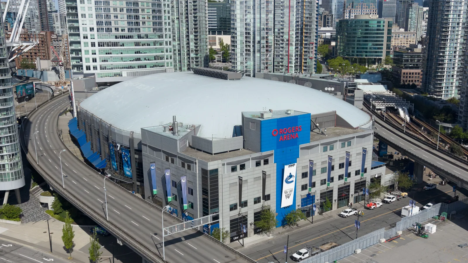 Aerial exterior view of Rogers Arena in Vancouver