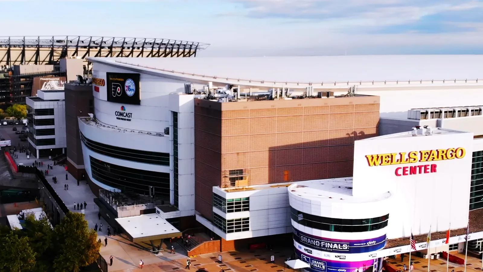 Aerial exterior view of Xfinity Mobile Arena in Philadelphia